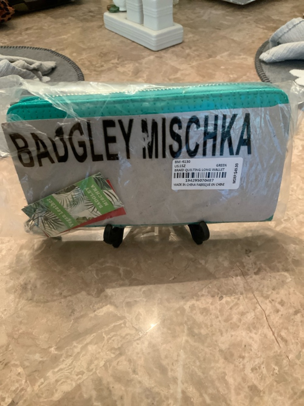 NWT Badgley Mischka Teal Quilted Zip-Around Wallet with Silver Logo - Picture 3 of 7